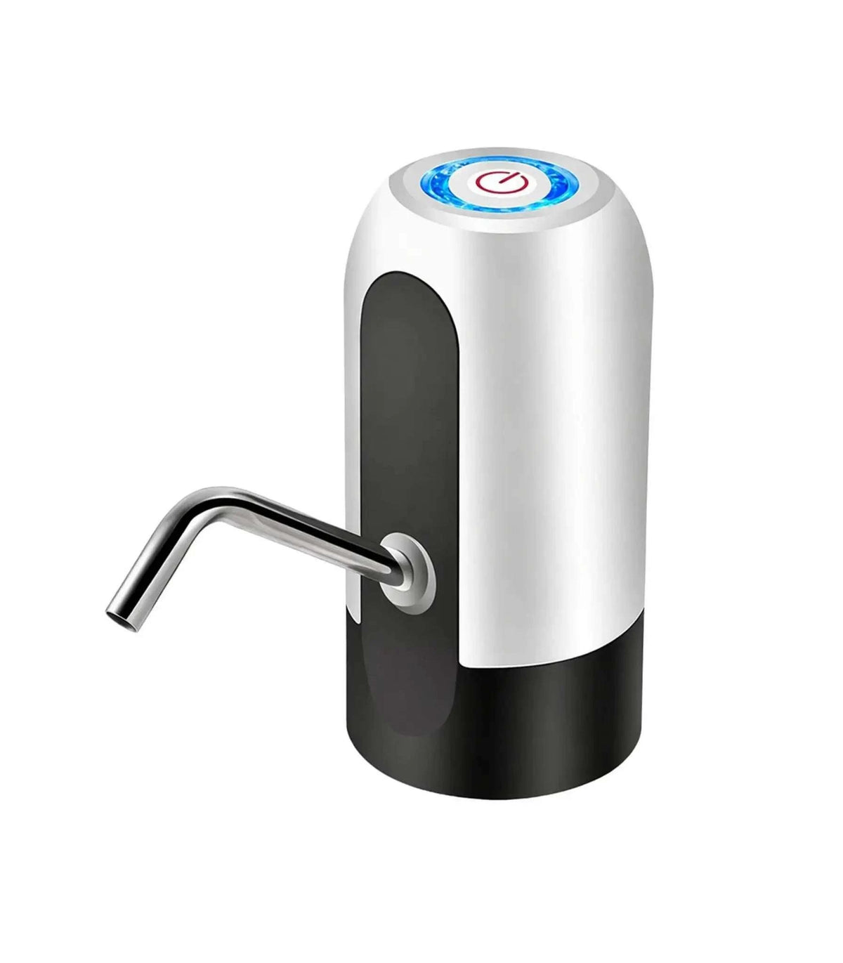 Electric portable water dispenser pump with one-button operation, USB rechargeable, LED light, stainless steel spout, and BPA-free silicone tube.