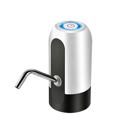 Electric portable water dispenser pump with one-button operation, USB rechargeable, LED light, stainless steel spout, and BPA-free silicone tube.