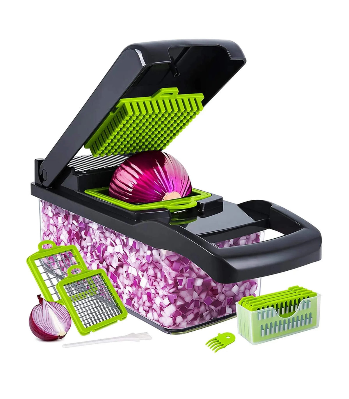 Vegetable cutter chopper with multiple interchangeable blades, built-in container, hand guard, and bonus peeler for slicing, dicing, shredding, and grating fruits and vegetables.