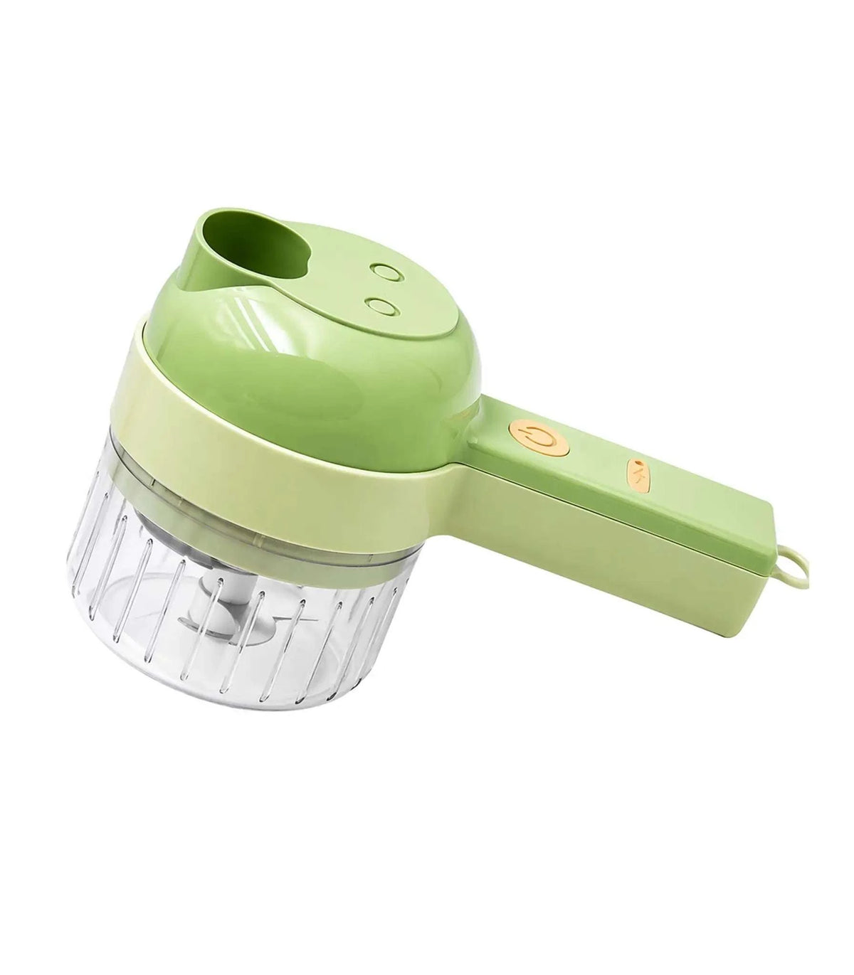 Compact 4 in 1 vegetable cutter set with slicing, chopping, cleaning attachments, and USB charging.