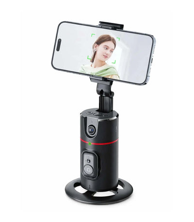 Auto face tracking tripod with AI tracking, 360° rotation, gesture control, smartphone holder, and rechargeable battery for hands-free video recording and live streaming