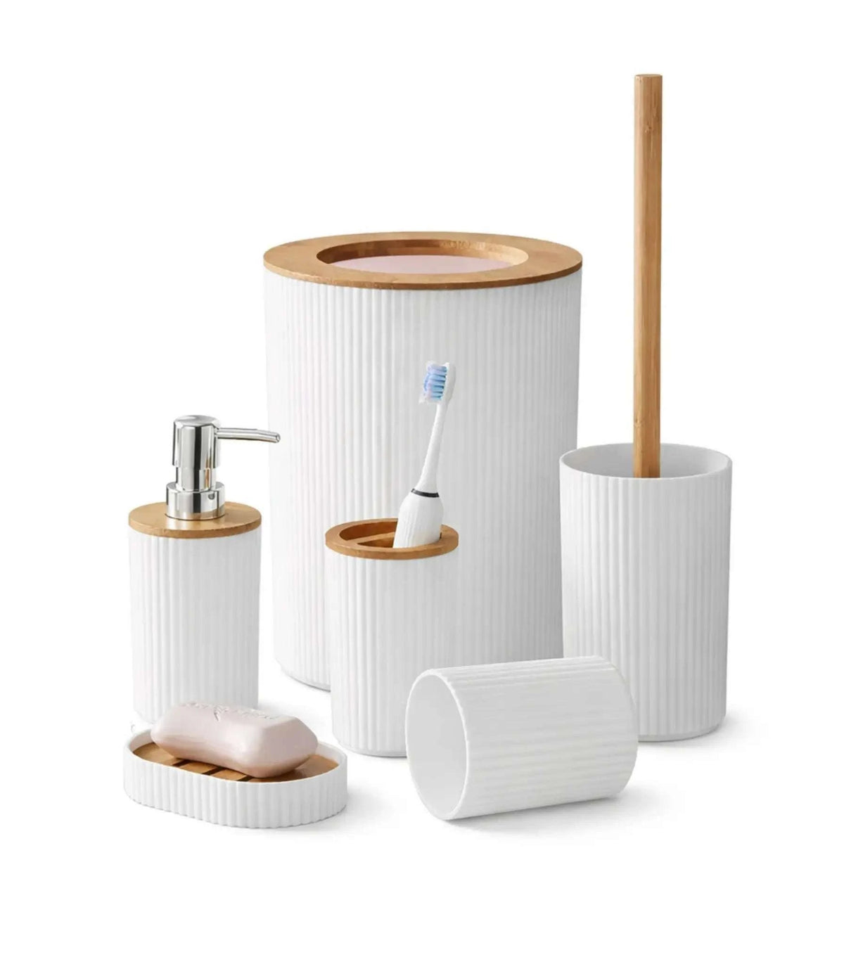 6-piece bathroom accessories set with soap dispenser, toothbrush holder, tumbler, soap dish, toilet brush, and wastebasket