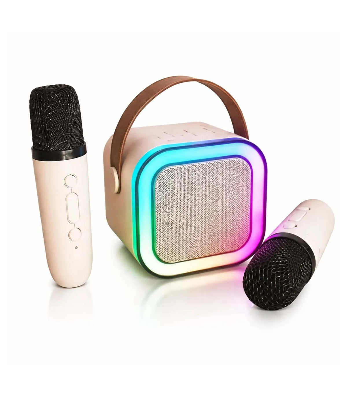 Compact portable karaoke speaker and microphone set with colorful RGB lights and carry handle for indoor and outdoor entertainment