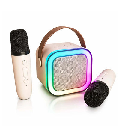 Compact portable karaoke speaker and microphone set with colorful RGB lights and carry handle for indoor and outdoor entertainment