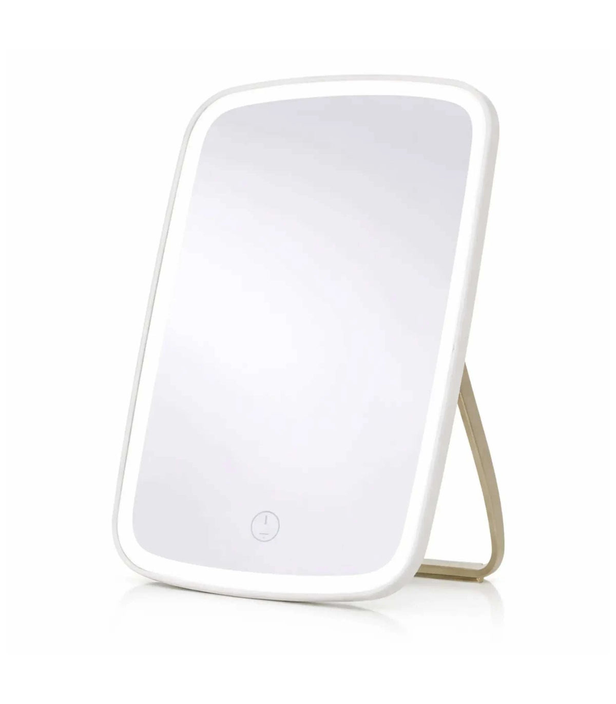 Compact touch screen makeup mirror with LED lights and adjustable angles for skincare and grooming