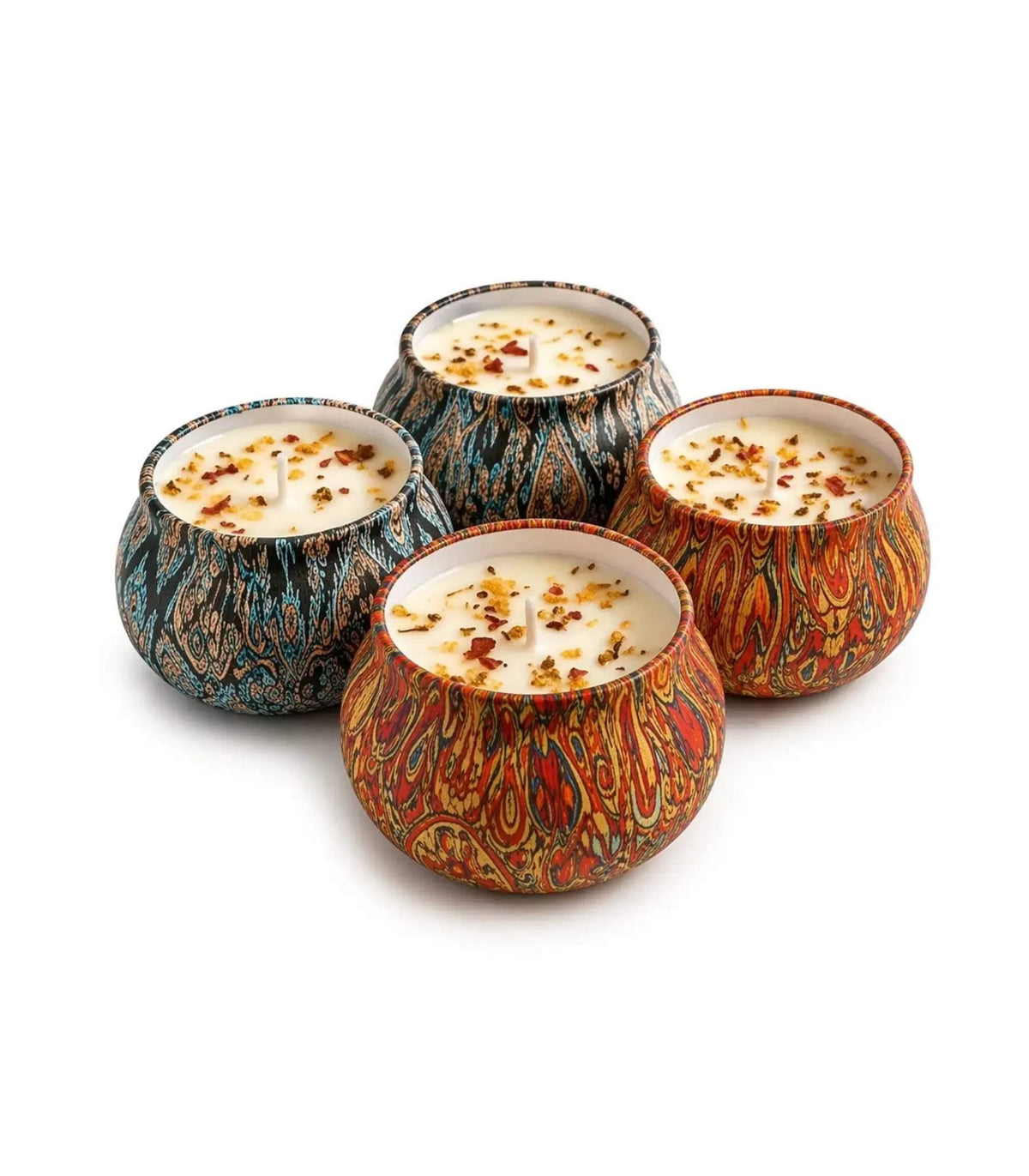 Set of 4 decorative floral scented tin candles with dried flower petals and reusable tins in gift box packaging
