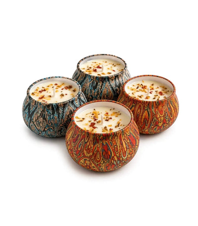 Set of 4 decorative floral scented tin candles with dried flower petals and reusable tins in gift box packaging