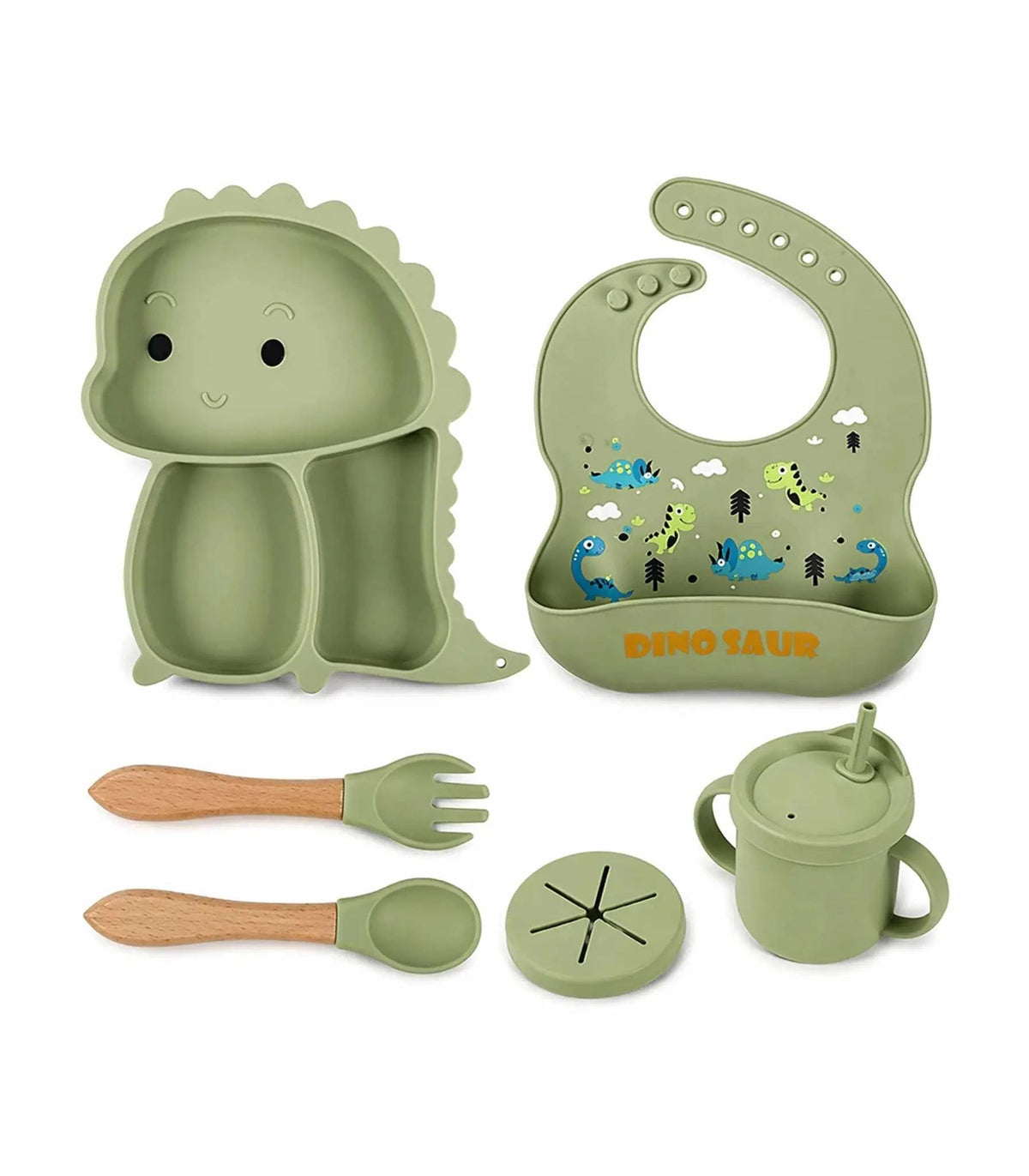 6-piece colorful silicone baby feeding set with divided plate, bowl, cup with straw, bib, and utensils for safe and easy self-feeding